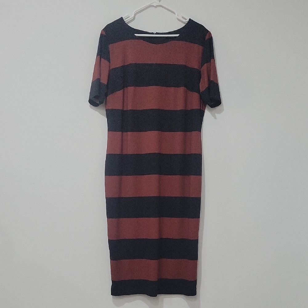 Eloquii Black and Brown Striped Midi Dress